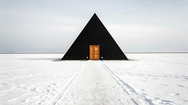 Minimalist black a frame cabin stands isolated in a snowy stark landscape