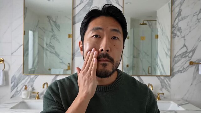 Young Asian Adult in Luxury Bathroom Applying Facial Moisturizer and Grooming His Beard with Care