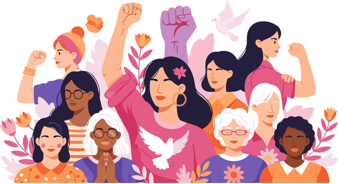 Diverse crowd of women protesting for peace and equality vector can Editable