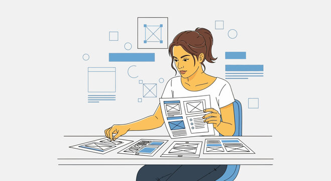 Woman designing website wireframes, digital interface layout, UX UI design concept.
