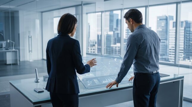 Business executives analyzing digital holographic charts on smart table in modern office with city skyline view professionals discussing data analytics financial growth strategies