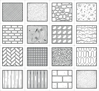 Architectural hatch texture vector set, hand drawn CAD material swatches with brick, stone, wood and herringbone fills for blueprint drafting
