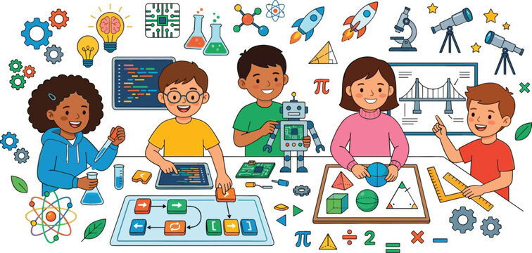 Diverse children engaging in STEM education activities including robotics coding chemistry engineering and mathematics for creative classroom learning and scientific discovery.