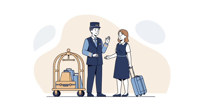 Bellhop assisting a hotel guest with luggage and suitcase