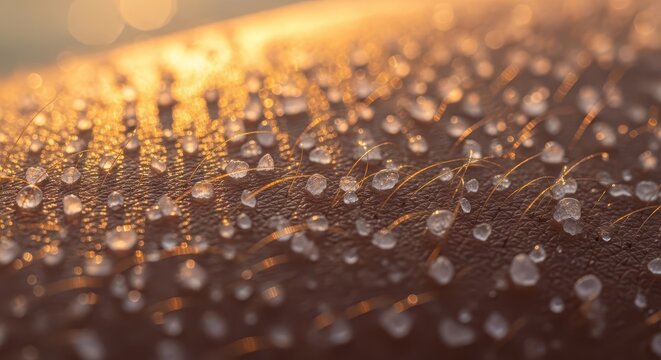 Macro View of Human Skin with Water Droplets and Fine Hairs in Warm Go