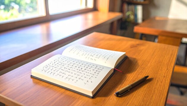 Inspiring natural light illuminates an open notebook and pen on a warm wooden desk, ideal for focused study or reflective journaling