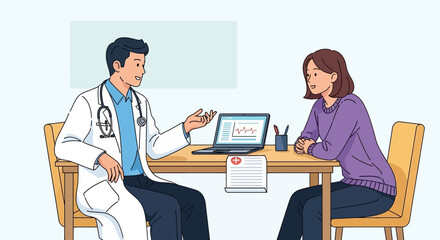 Fototapeta premium Doctor consulting female patient in office with laptop and medical chart
