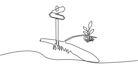Continuous Line Road Sign With Growing Plant Illustration © Bristy