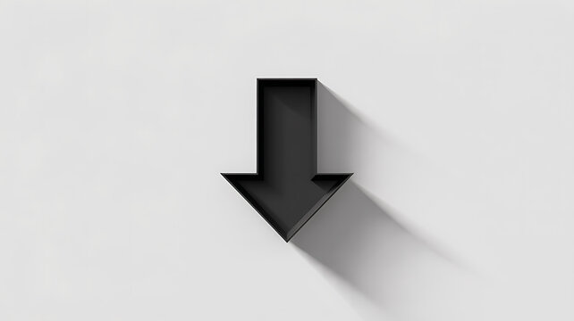 Isolated black arrow shape pointing downward on white surface with clear shadow, minimalist and modern symbol for direction.