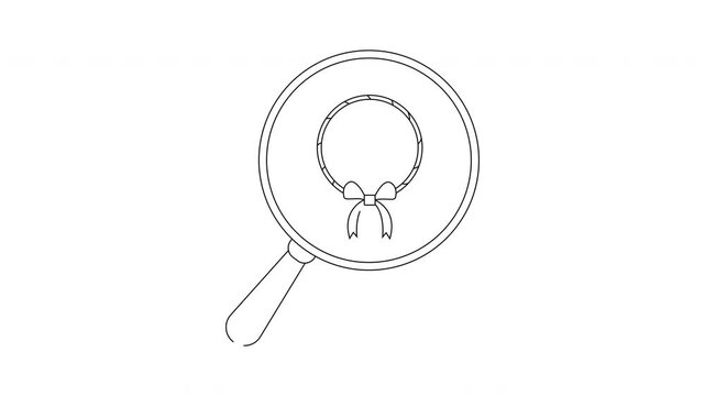 Magnifying glass over a wreath with a bow, line art.