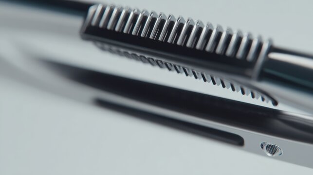 Close up of metallic tool with textured surface against blurred background