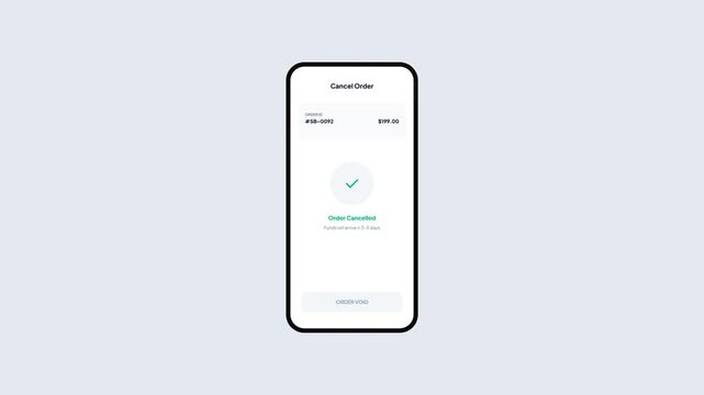 Mobile App UI Animation of Order Cancellation Process with Processing Refund and Success Confirmation