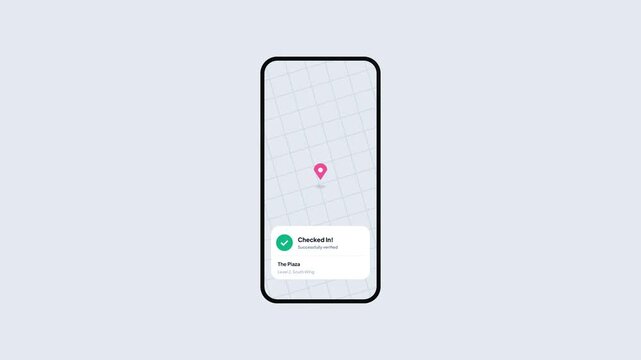 Mobile App Map Interface with Location Pin and Successful Check-In Notification