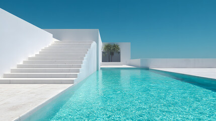 Fototapeta premium Minimalist Modern White Architecture with Crystal Clear Turquoise Swimming Pool and Stairs Under Blue Sky for Luxury Resort and Summer Vacation Concept