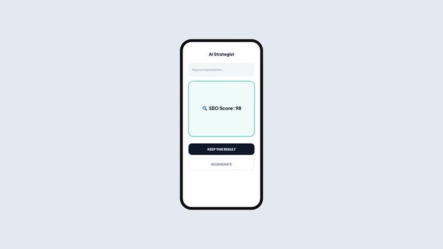 Artificial intelligence SEO strategist tool calculating keyword optimization score on mobile screen