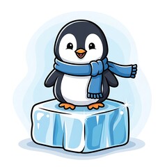 Obraz premium Cute penguin wearing blue scarf standing on ice.