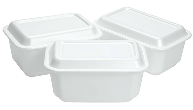 Three white styrofoam containers stack. Food boxes for takeout, disposal