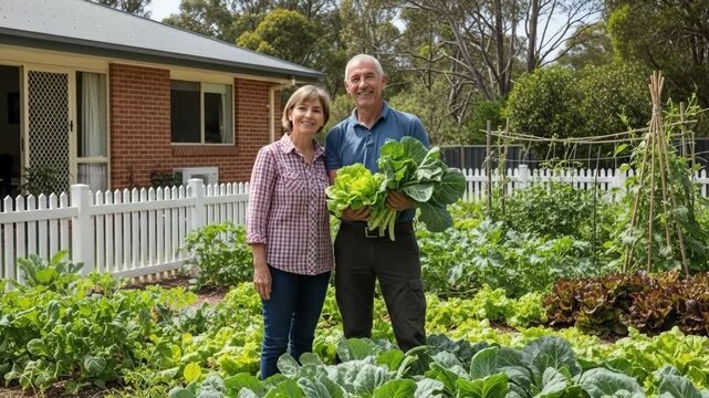 Two gardeners tending to a lush urban vegetable patch
