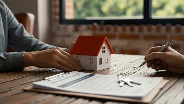 Real estate contract signing with house model and keys on a wooden table.