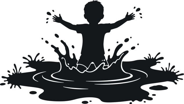 Silhouette of child playing in puddle splashing water joyful fun.