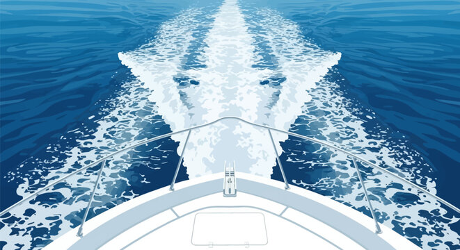 Digital vector illustration showing a view from the deck of a motor boat looking out over the white water wake trail created by the vessel moving through deep blue ocean water.