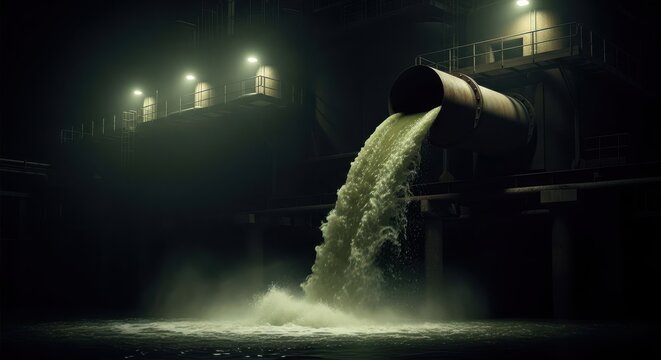 Industrial Wastewater Discharge From Large Pipe At Night