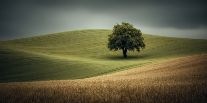 A Serene Tree in Rolling Hills, FSC Certified Environment, Tranquil Viewpoint