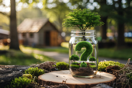Green moss question mark inside glass jar on wooden stump with small tree growing on top in sunny forest environment representing ecology and sustainable future mystery questions.