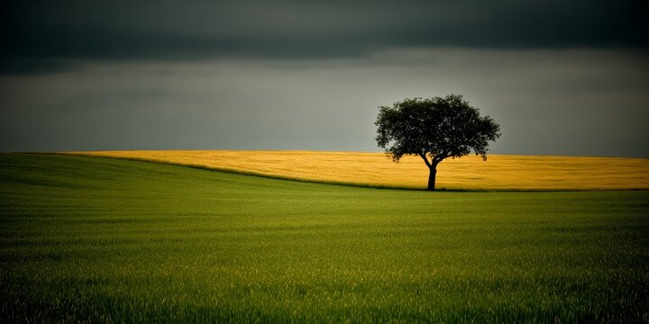 A Lone Tree in a Vibrant Landscape, FSC Concept, Rural Setting, Serene Environment, Wide View
