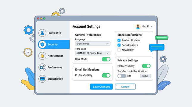 A screenshot of computer settings with various options and icons surrounding it.