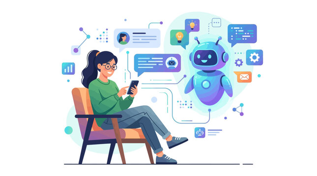 Woman sits in chair looking at phone with robot nearby displaying icons