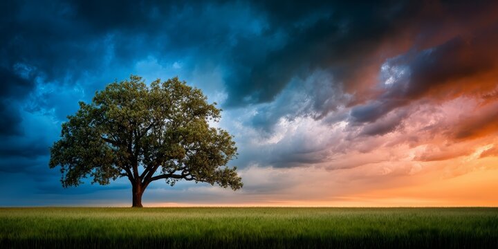Dramatic Sunset Over Solitary Tree in Open Field - FSC Nature Landscape Photography