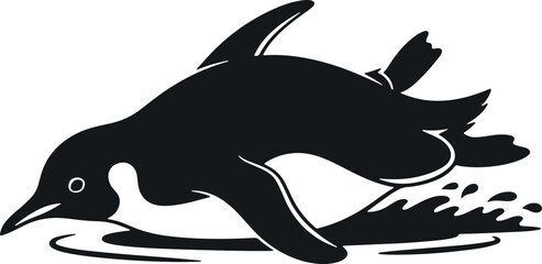 Black penguin silhouette diving into water on transparent background, arctic animal. © Sadhin