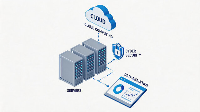 Modern isometric AI cloud computing infrastructure with secure server network and big data technology visualization, idea for enterprise storage platform, cybersecurity solution