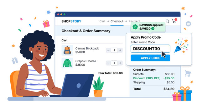 Woman using laptop checks order summary on screen with discount code