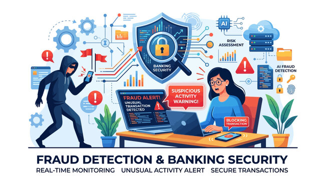 A woman works on a laptop with a hacker nearby, surrounded by fraud detection and banking security symbols.