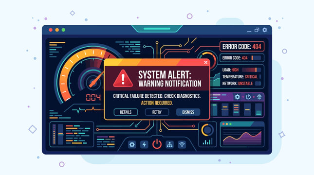 A futuristic computer screen displays a warning notification in a dark interface with various colorful graphs and codes in a technology environment.