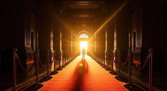 A person walks down a red carpeted hallway towards a bright light.