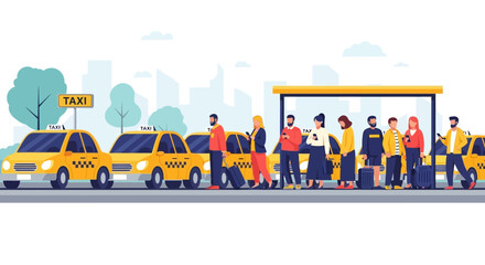 Diverse group of people waiting for yellow taxis at a city bus stop. © mawar