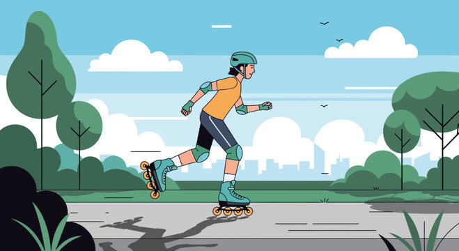 Person rollerblading in park with city skyline background, summer outdoor activity