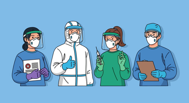 Diverse healthcare workers in protective gear, frontline heroes, medical team, pandemic response