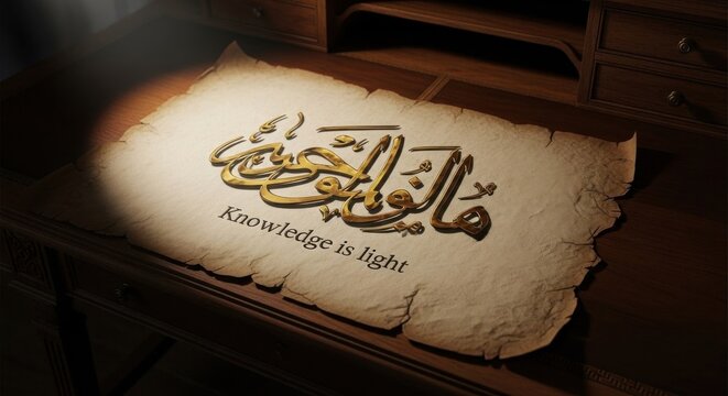 Golden Arabic Calligraphy with 'Knowledge is Light' Quote on Parchment