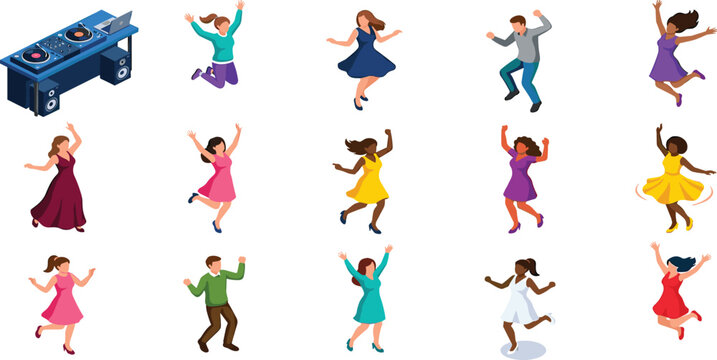 Isometric Party People Vector Set Featuring Diverse Characters Dancing and Jumping with DJ Turntable Mixer Equipment for Nightclub Event and Celebration Graphic Designs