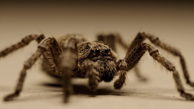 large hairy spider macro close-up shot showing detailed eyes and legs on plain floor