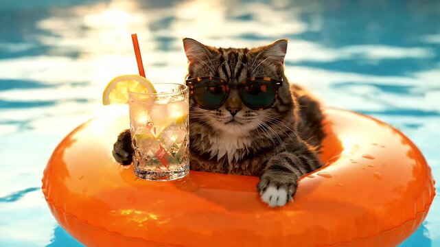 funny cat wearing sunglasses floating on an orange ring in a pool with cold cocktail