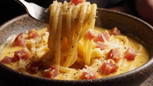Creamy spaghetti carbonara with savory pancetta, rich egg sauce, and grated cheese, expertly twirled on fork, an appetizing Italian meal providing ultimate comfort