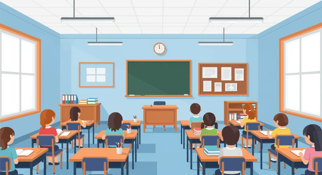 Vector illustration of a bright elementary school classroom interior with young students sitting at desks facing a large green chalkboard, teacher's desk, and notice board.