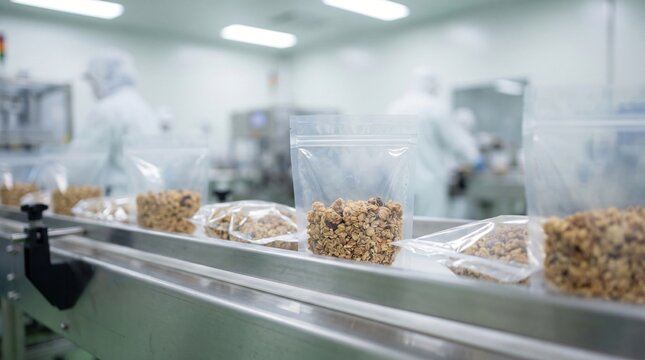 Packaged granola on a conveyor belt in a food processing facility packaging