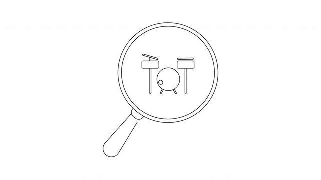 Magnifying glass over drum kit icon, search for music concept.