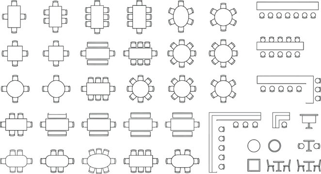 CAD floor plan seating vector set, architectural interior layout symbols with dining tables, conference tables, restaurant seating, sofas, bar counters and kitchen plan blocks for space planning